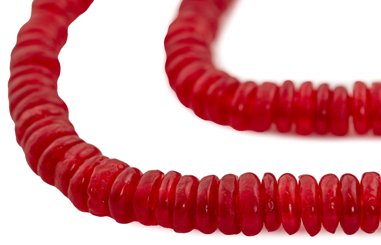 The Bead Chest African Disk Recycled Glass Beads - Full Strand of Eco-Friendly Ghanaian Rondelle Beads (Red)
